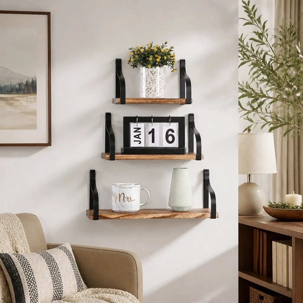 Floating Shelf Brackets Home Office 3 Piece Paulownia Wood Industrial Style
