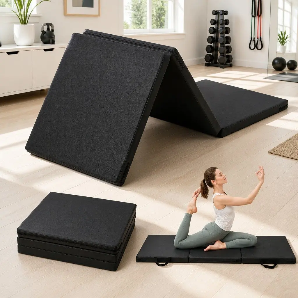 Gymnastics Mat Folding Exercise Floor Mat Portable 3 Fold Tumbling Mat Black