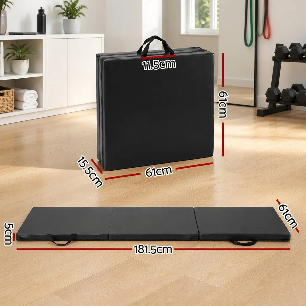 Gymnastics Mat Portable Folding Exercise Floor Mat 3 Fold Black 181cm x 61cm x 5cm