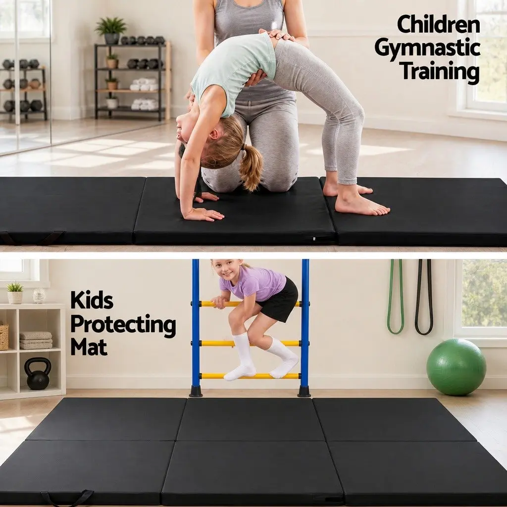 Gymnastics Mat Portable Folding Exercise Floor Mat 3 Fold Black 181cm x 61cm x 5cm
