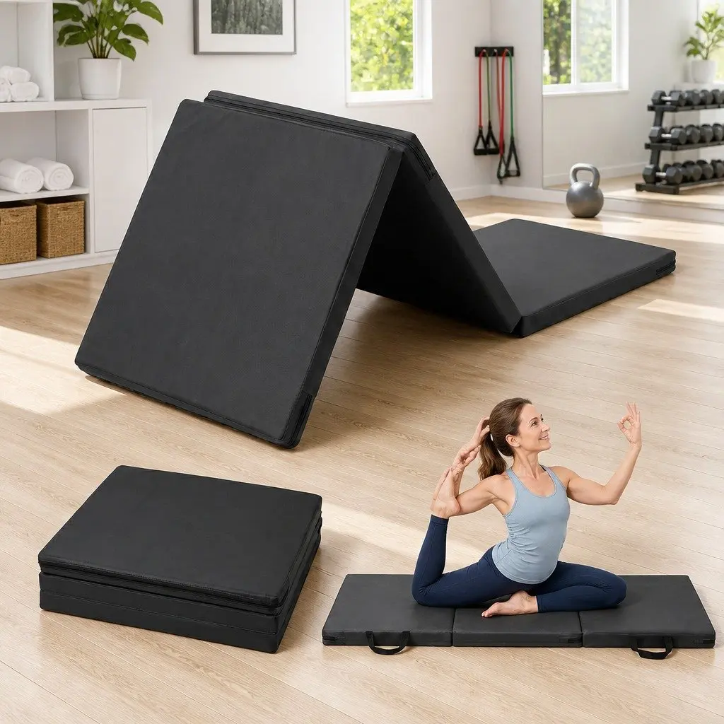 Gymnastics Mat Portable Folding Exercise Floor Mat 3 Fold Black 181cm x 61cm x 5cm