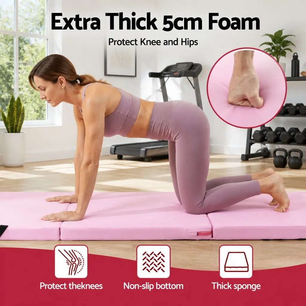 Gymnastics Mat for Home Workouts 180x60cm Folding Exercise Floor Mat 3 Fold Portable Pink