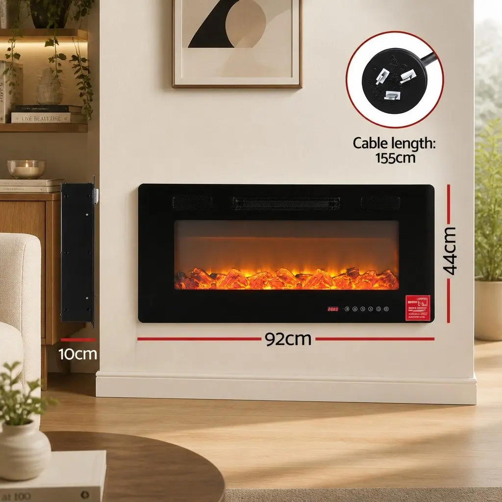 Electric Fireplace Wall Mounted Insert 1800W 3D Flame Effects Remote Control