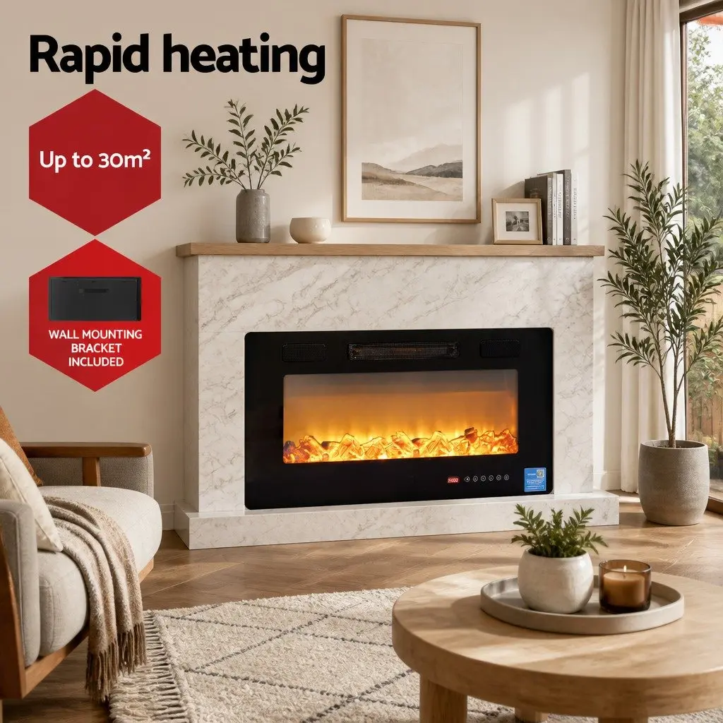Electric Fireplace Wall Mounted Insert 1800W 3D Flame Effects Remote Control