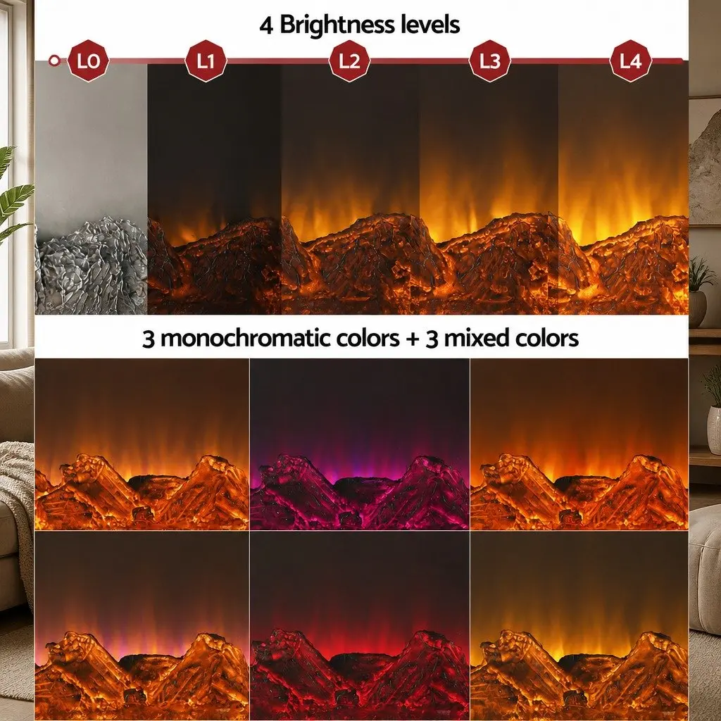 Electric Fireplace Wall Mounted Insert 1800W 3D Flame Effects Remote Control