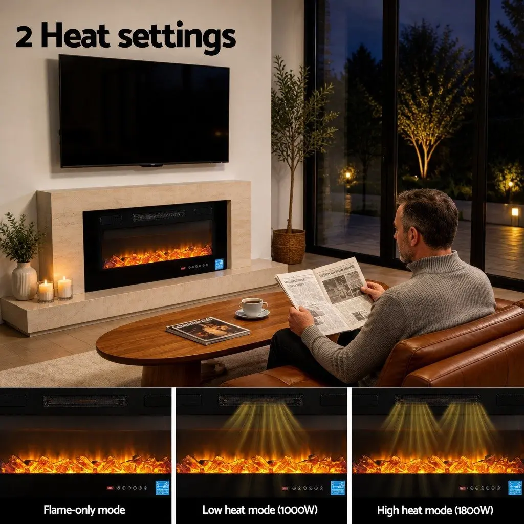 Electric Fireplace Wall Mounted Insert 1800W 3D Flame Effects Remote Control
