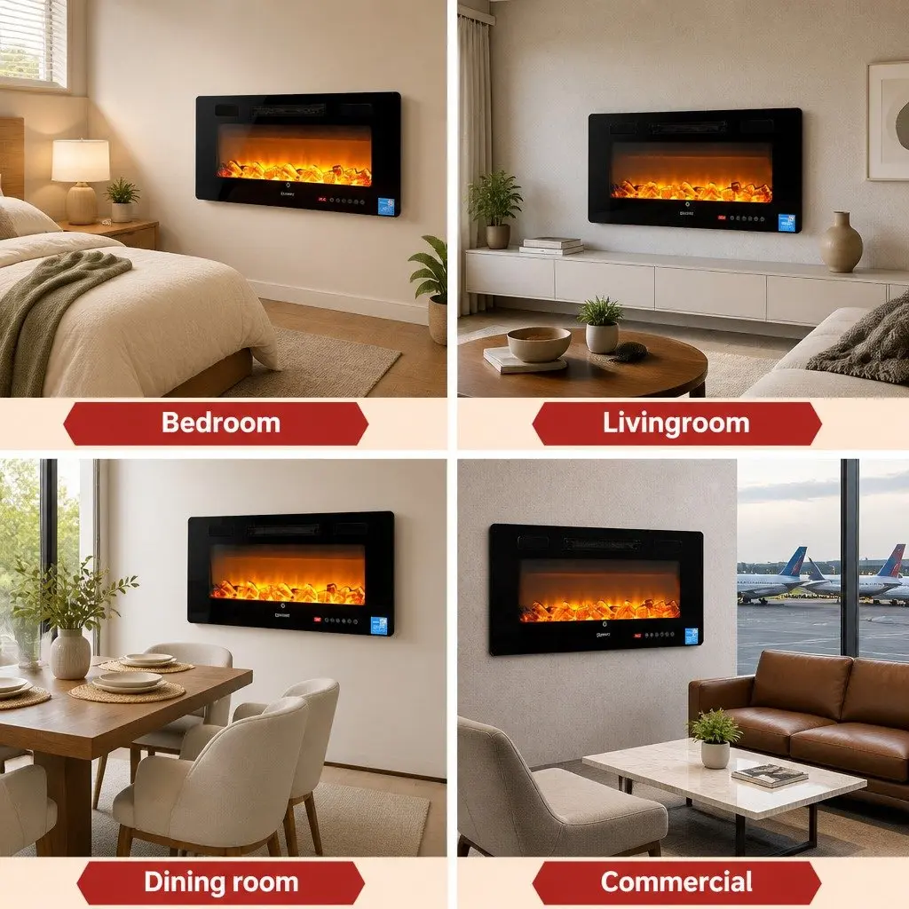 Electric Fireplace Wall Mounted Insert 1800W 3D Flame Effects Remote Control