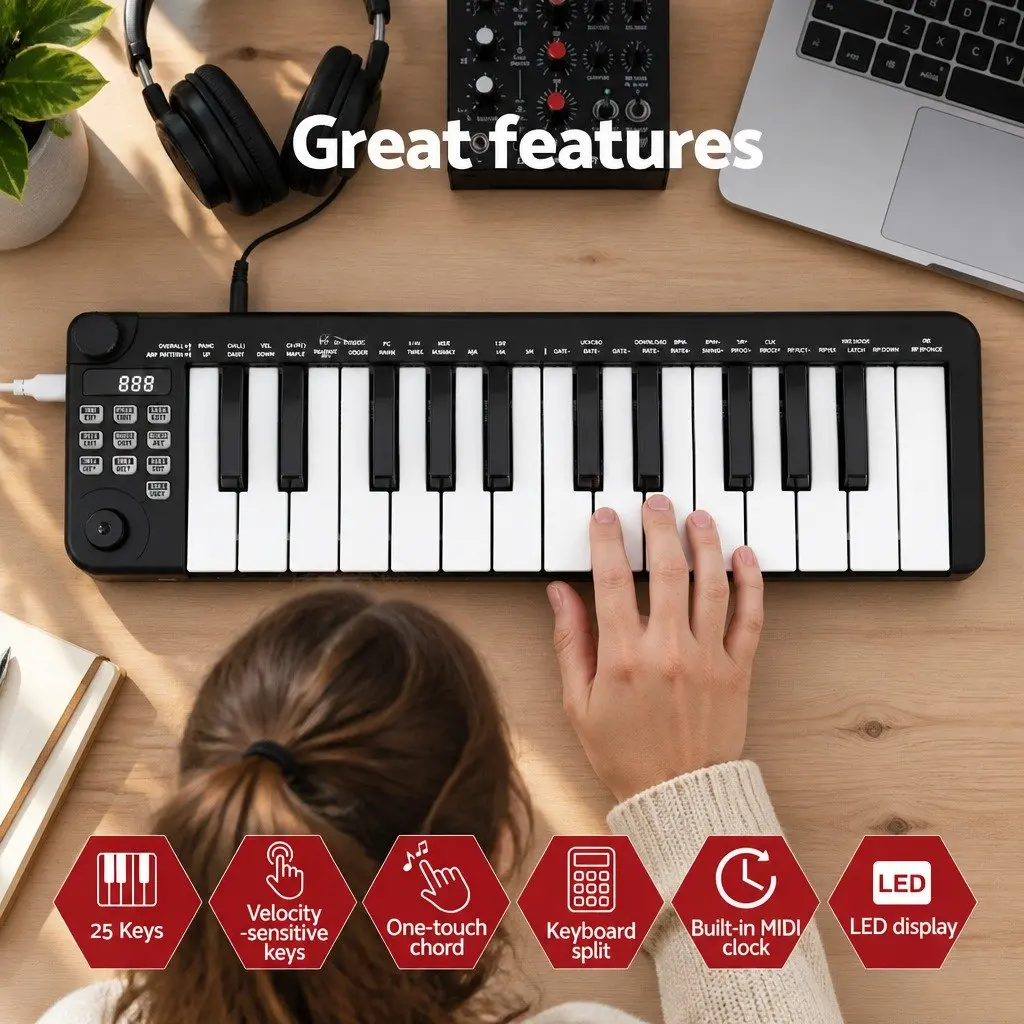 25-Key MIDI Keyboard Controller Portable USB Laptop Music Production Black