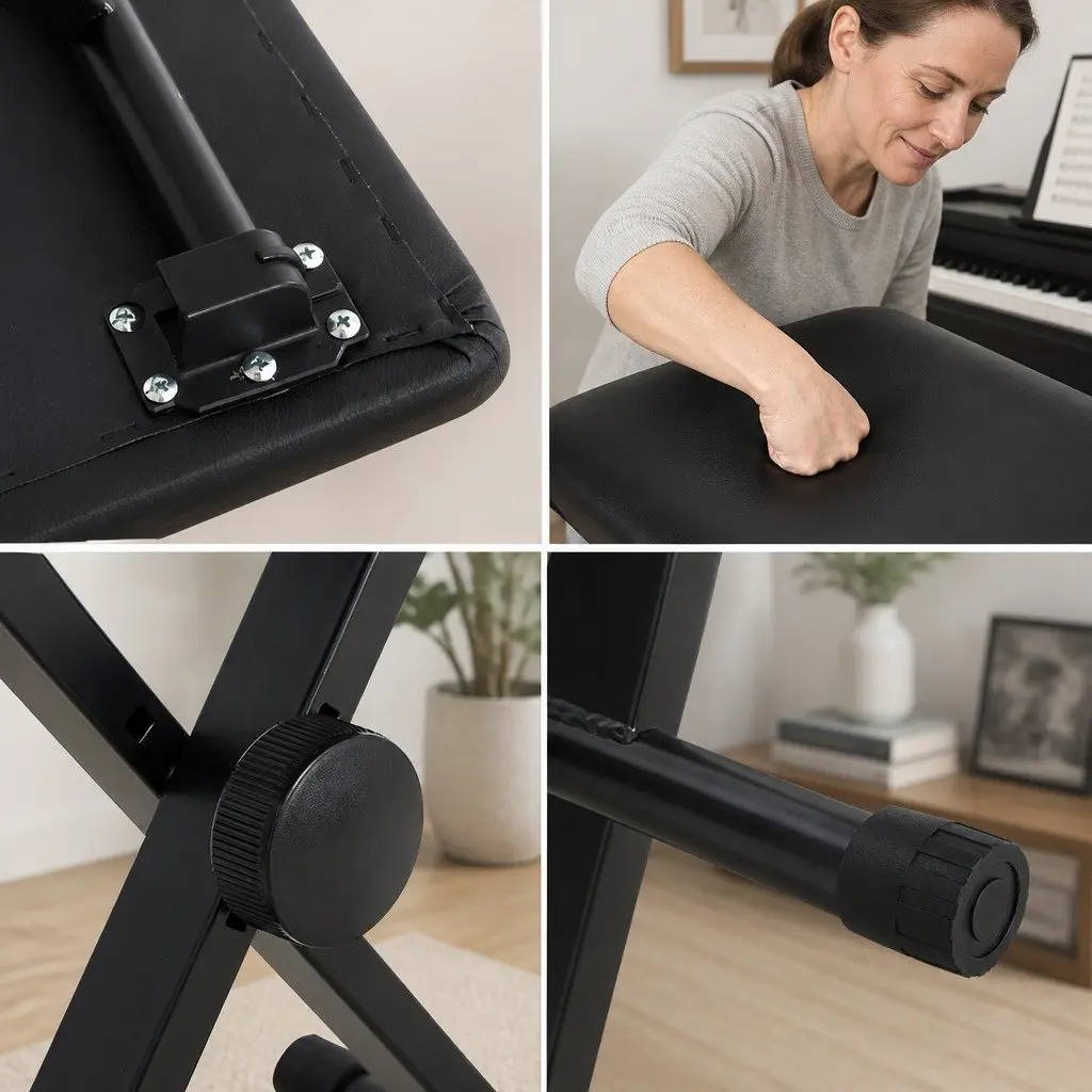Piano Stool Adjustable Height Keyboard Bench Seat Portable Black Fabric Chair