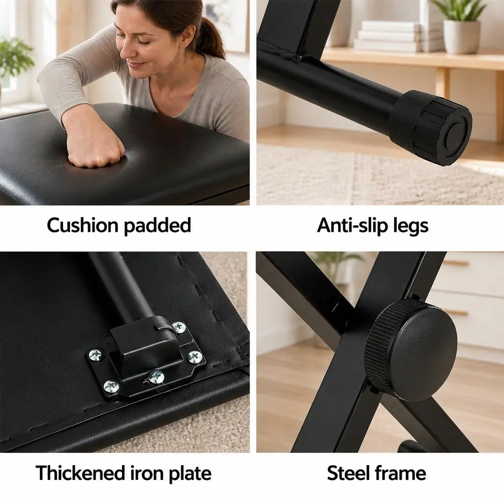 Piano Stool Adjustable Height Keyboard Bench Seat Portable Black Fabric Chair