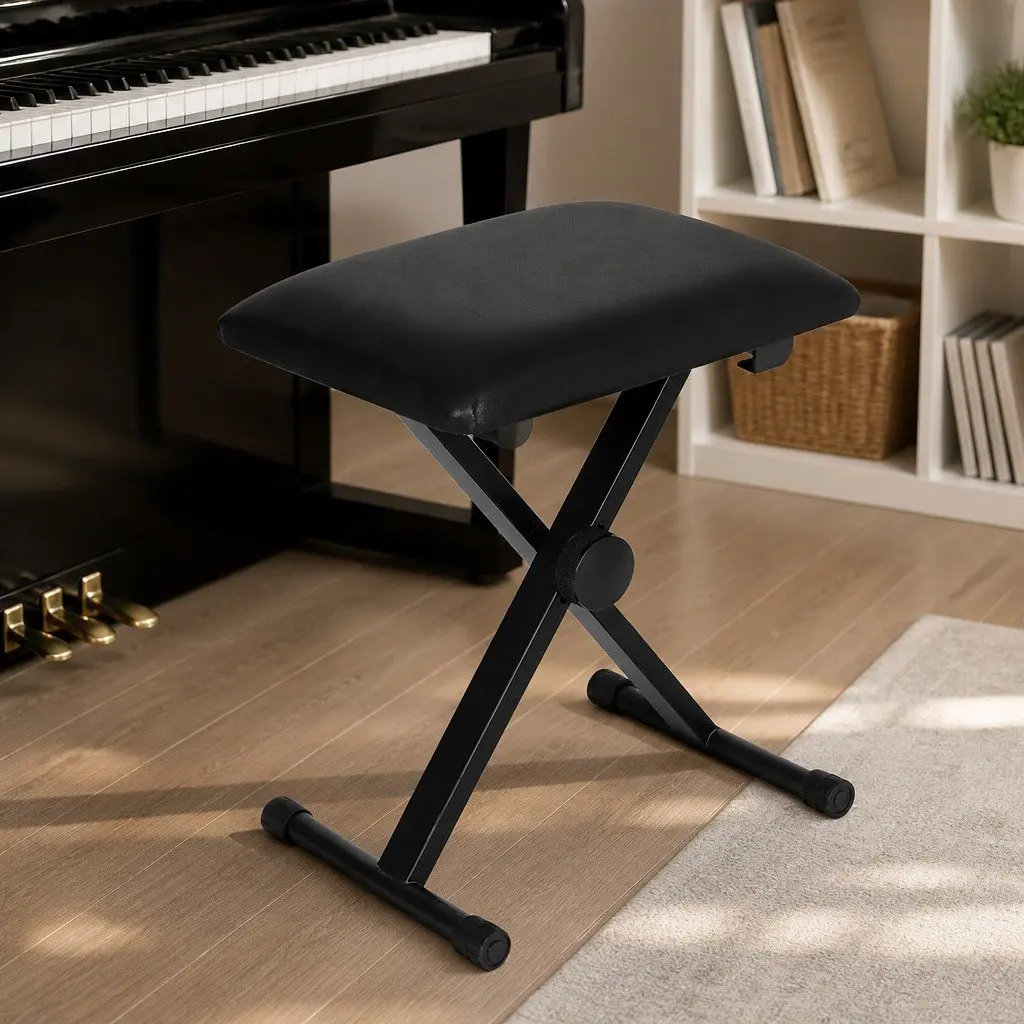 Piano Stool Adjustable Height Keyboard Bench Seat Portable Black Fabric Chair