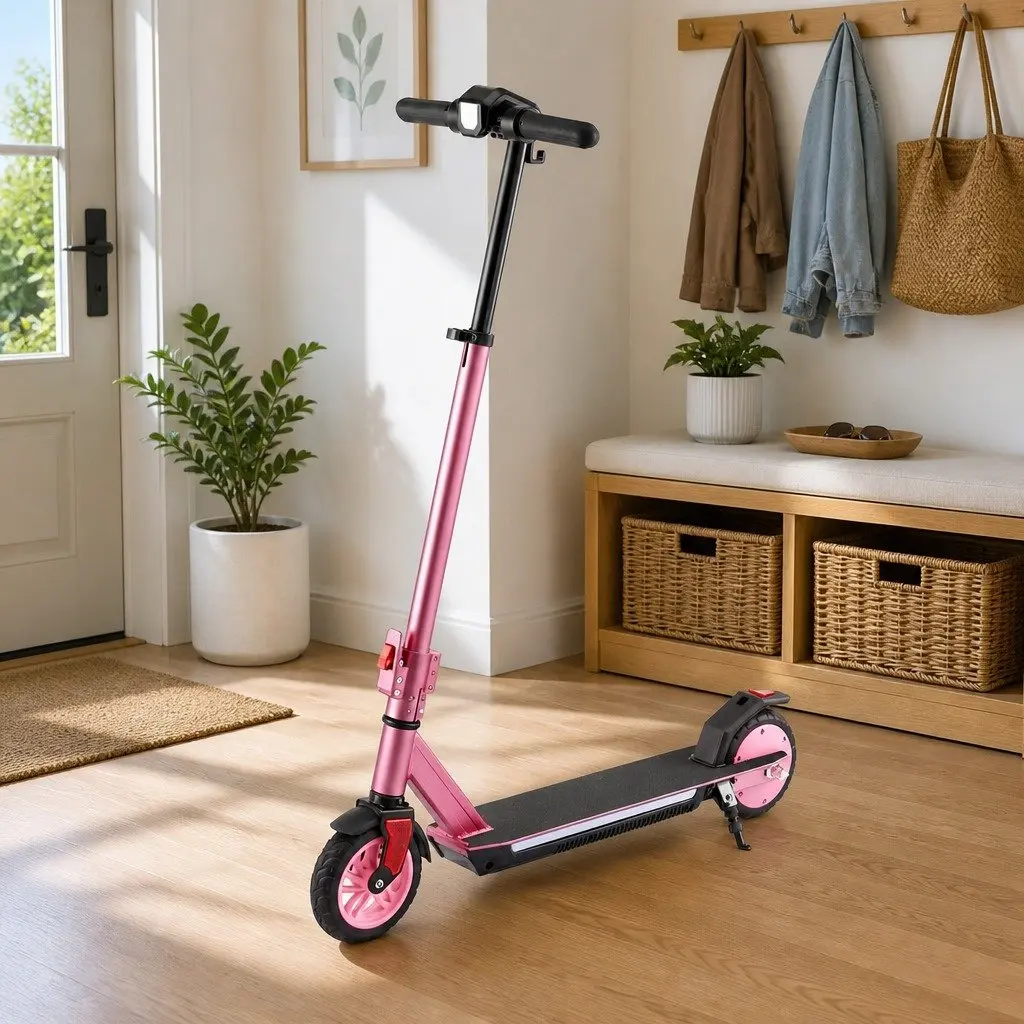 Electric Scooter for Commuting Pink Adjustable Height Foldable Lightweight 180W 18KM/H