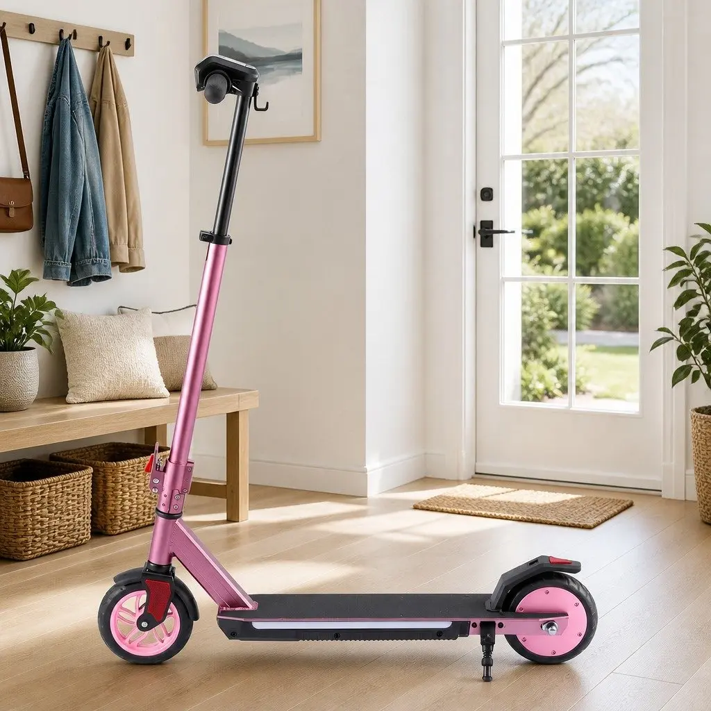 Electric Scooter for Commuting Pink Adjustable Height Foldable Lightweight 180W 18KM/H