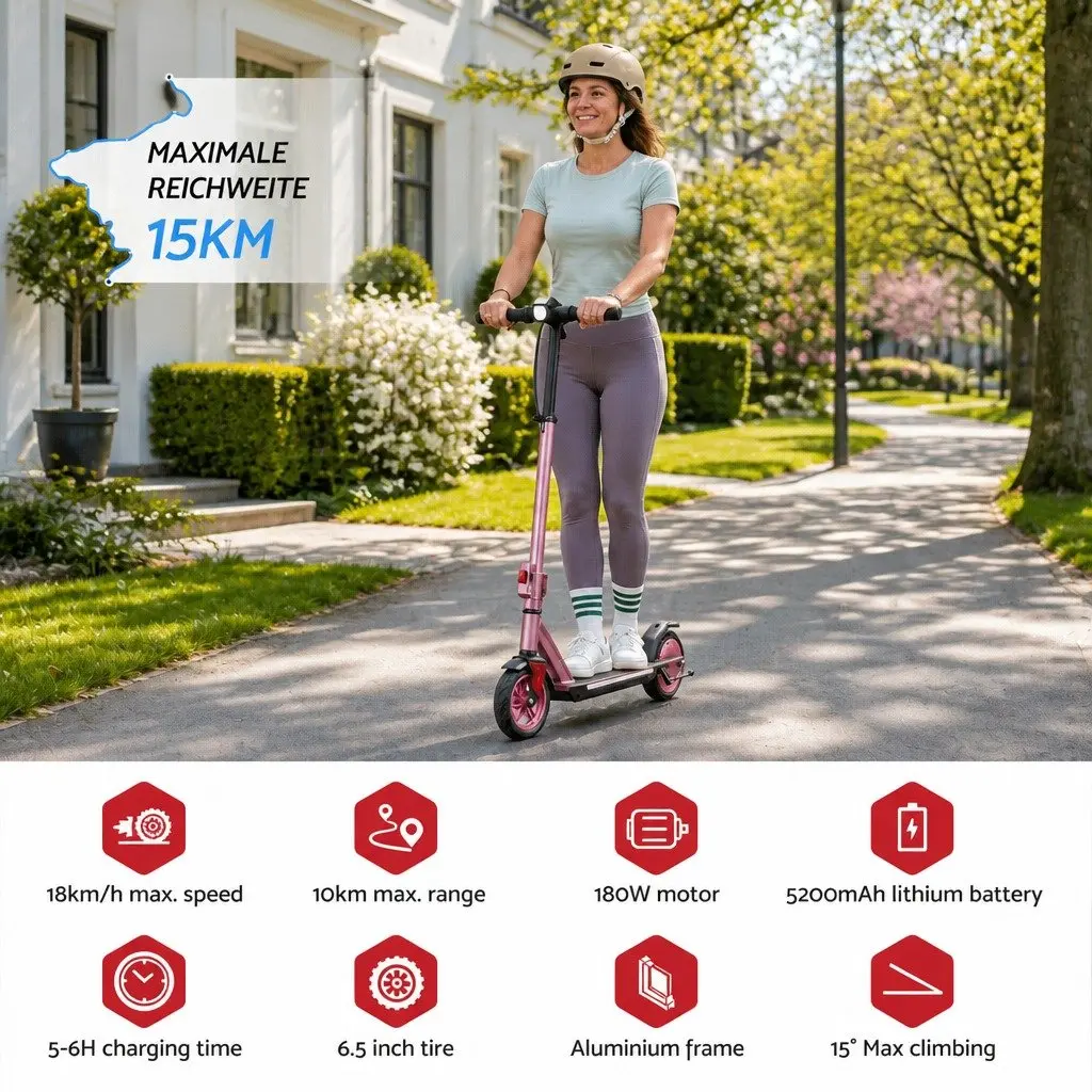 Electric Scooter for Commuting Pink Adjustable Height Foldable Lightweight 180W 18KM/H