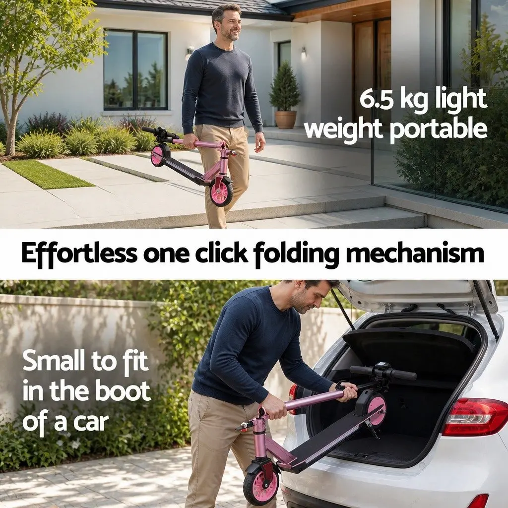 Electric Scooter for Commuting Pink Adjustable Height Foldable Lightweight 180W 18KM/H