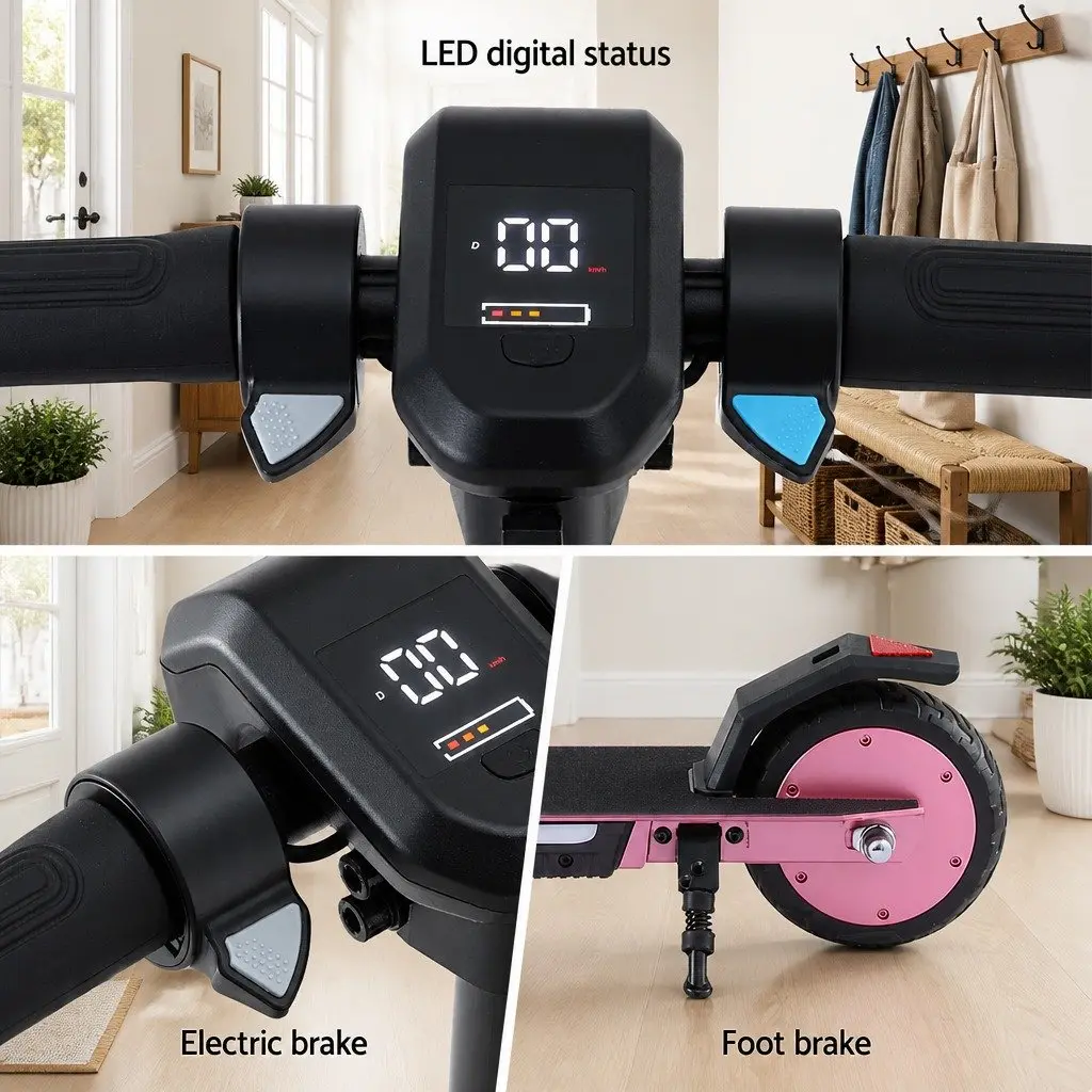 Electric Scooter for Commuting Pink Adjustable Height Foldable Lightweight 180W 18KM/H