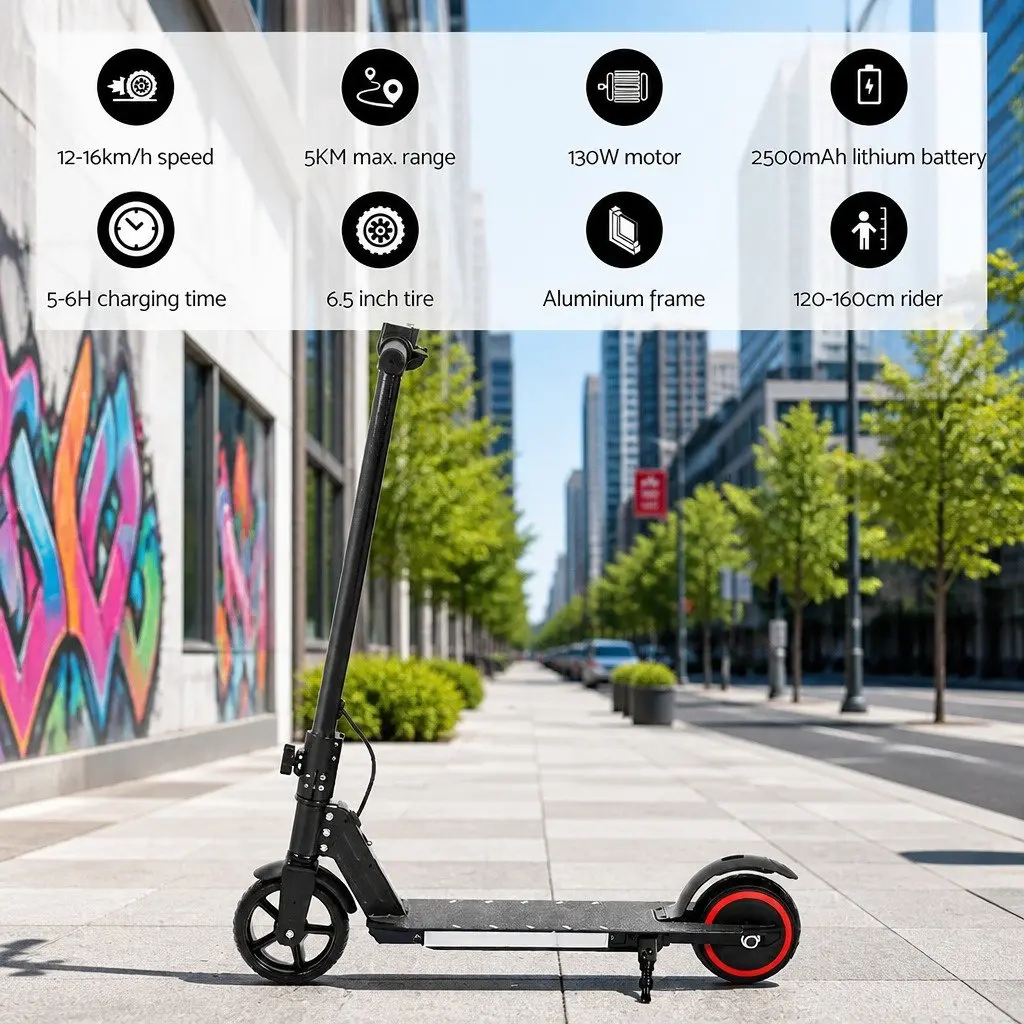Electric Scooter 130W 16KM/H LED Display Foldable Portable Commuter Rider Black