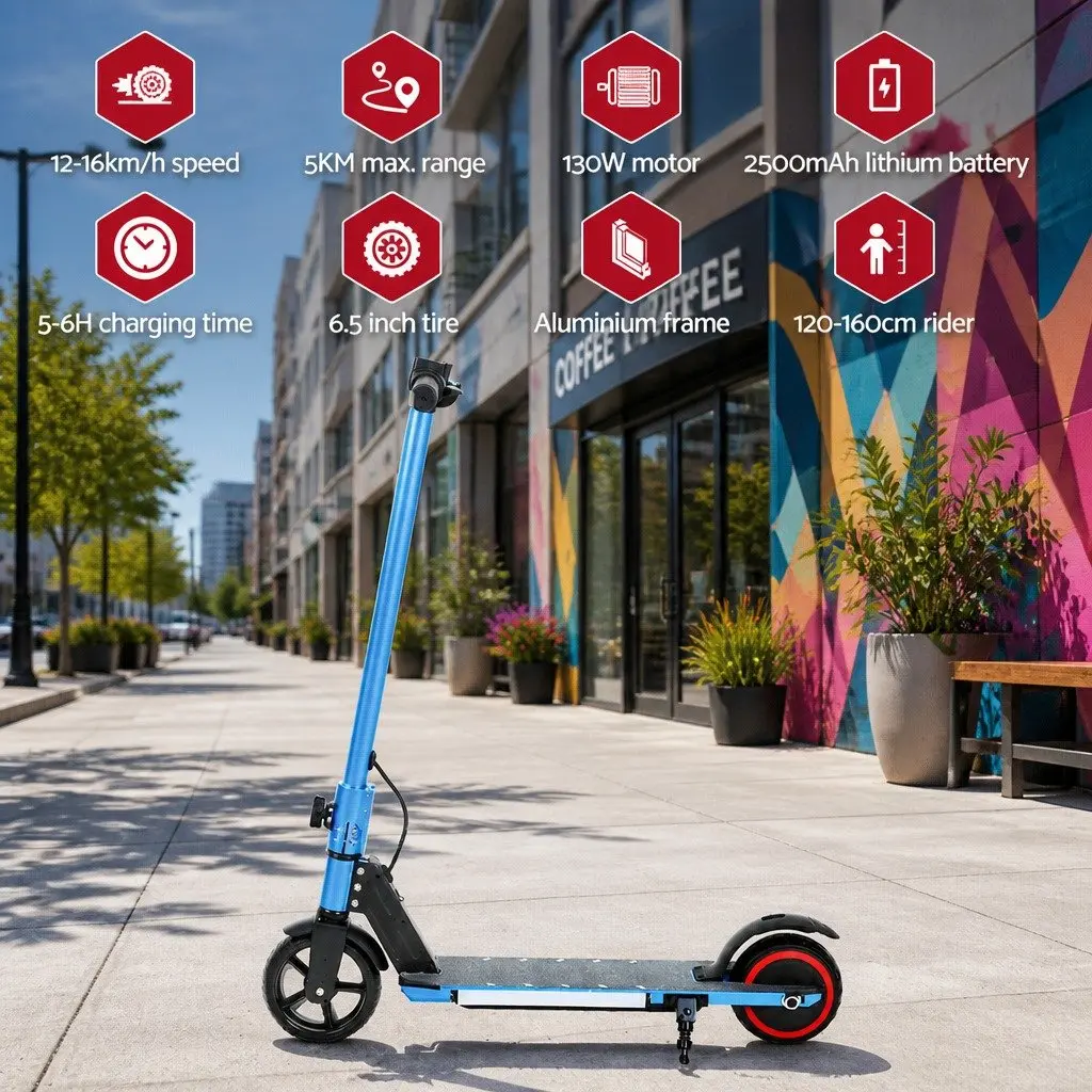 Electric Scooter Commuter Outdoor 130W Foldable Portable Blue 77x12x92cm
