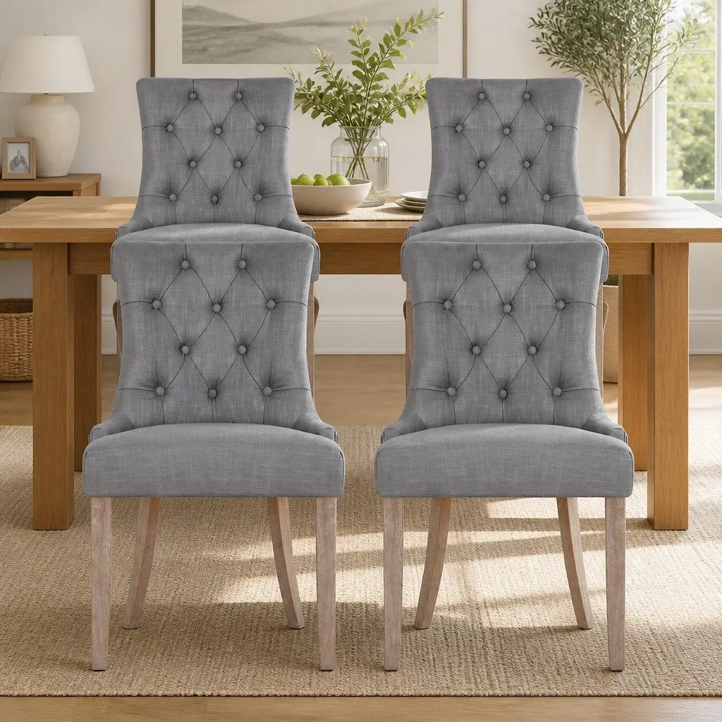Dining Chairs Set of 4 Grey Linen French Provincial Tufted Button Design