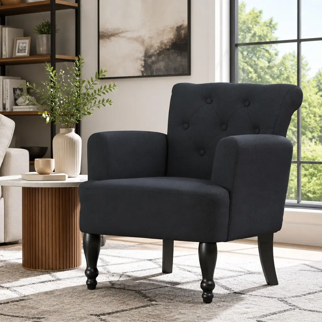 Wingback Armchair Black Lounge Chair Tufted Button Design Home Furniture