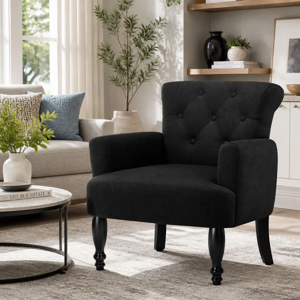 Wingback Armchair Black Lounge Chair Tufted Button Design Home Furniture
