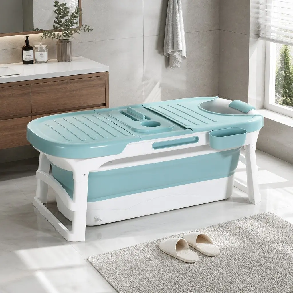 Foldable Bathtub Portable Folding Water Spa with Cover Plate Neck Pillow