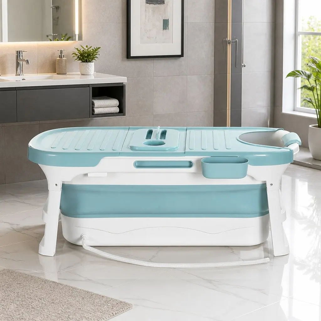 Foldable Bathtub Portable Folding Water Spa with Cover Plate Neck Pillow