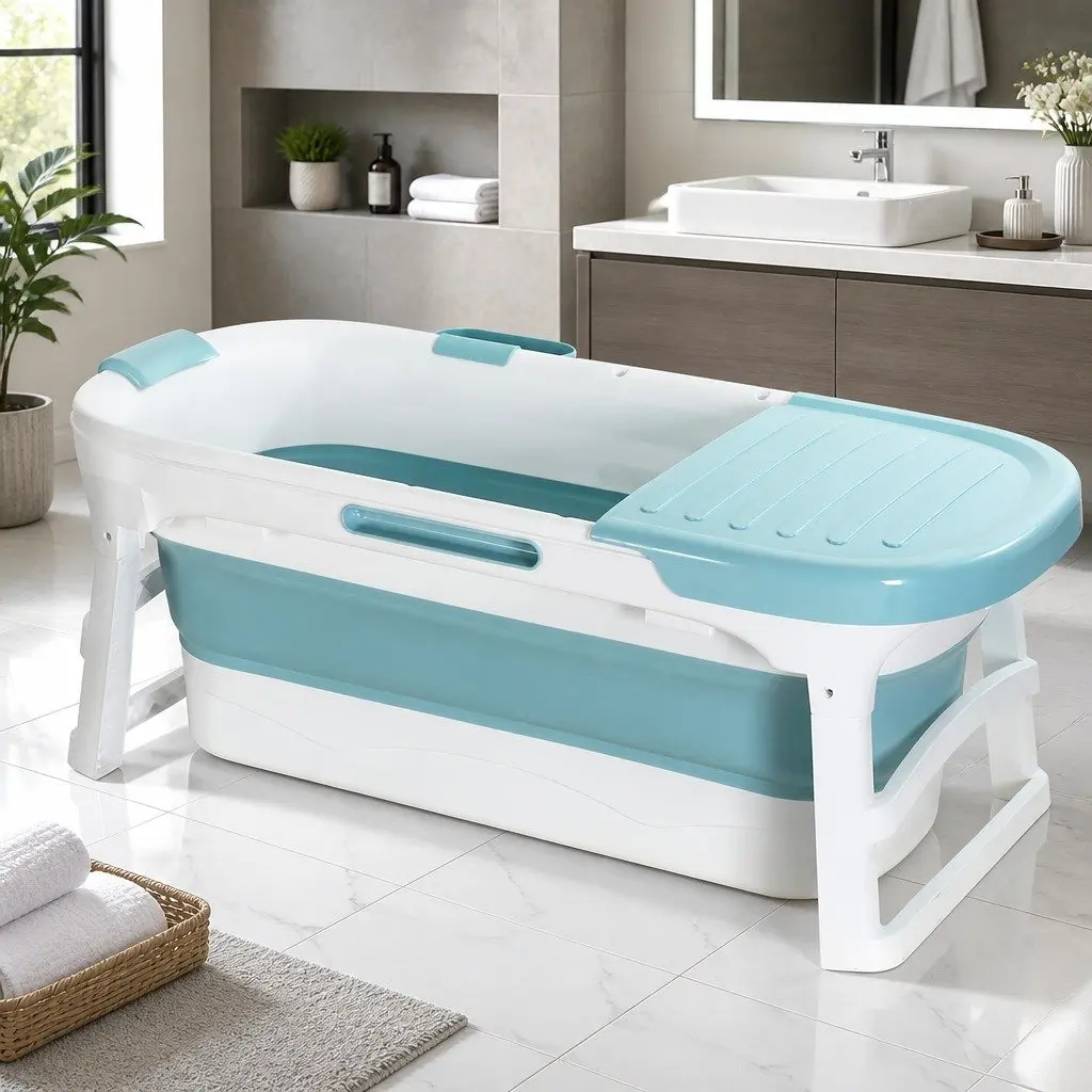 Foldable Bathtub Portable Folding Water Spa with Cover Plate Neck Pillow