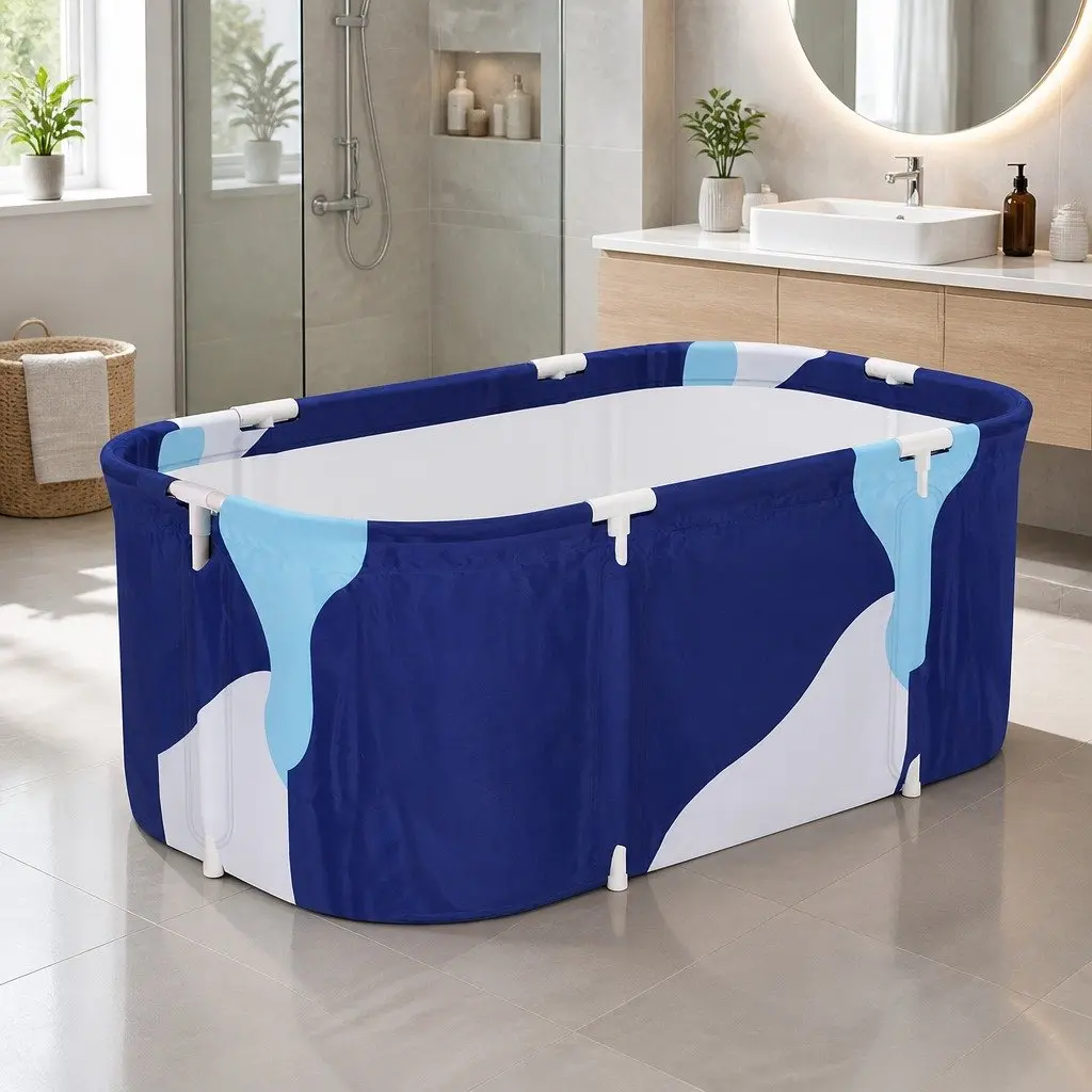 Foldable Bathtub PVC Spa Bucket Inflatable Cushion 114x62cm Navy Blue Portable