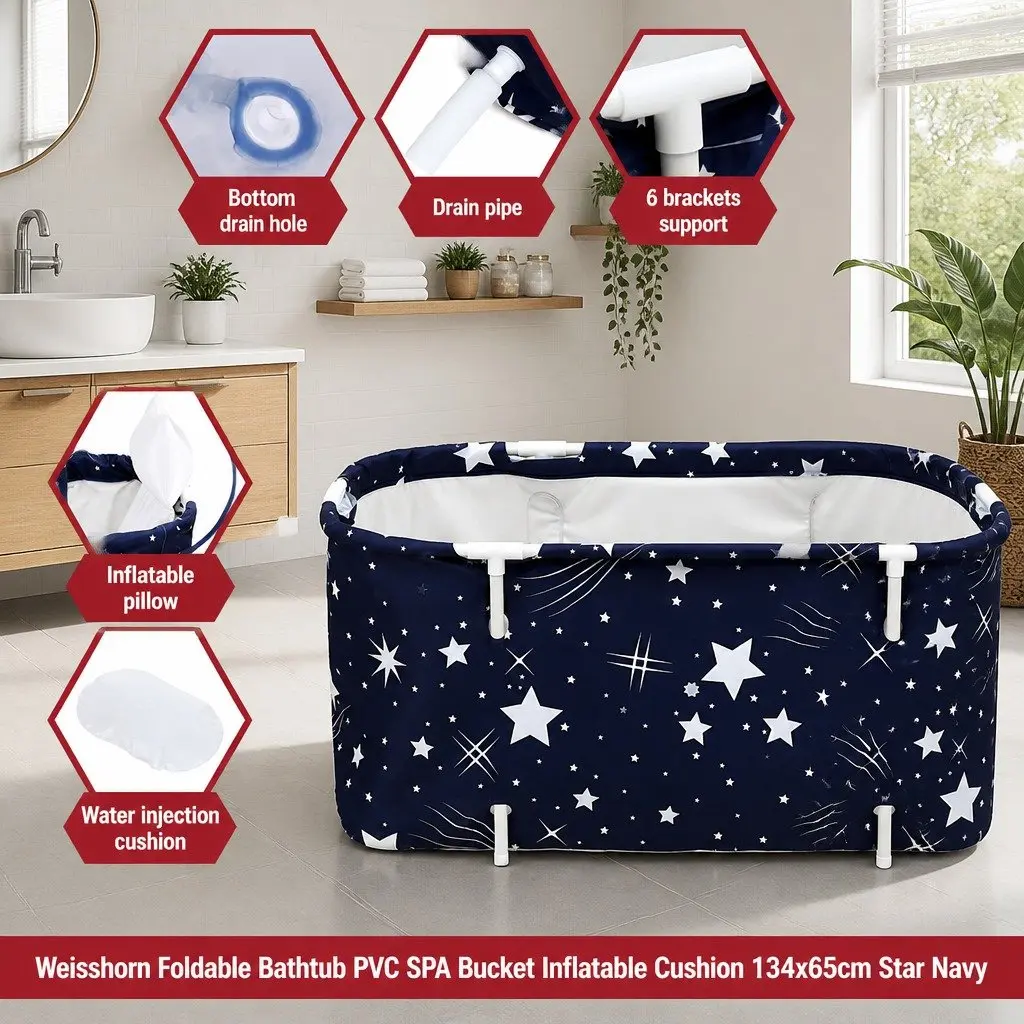 Foldable Bathtub Navy Blue PVC Inflatable Spa Bucket Indoor Outdoor 134x65cm