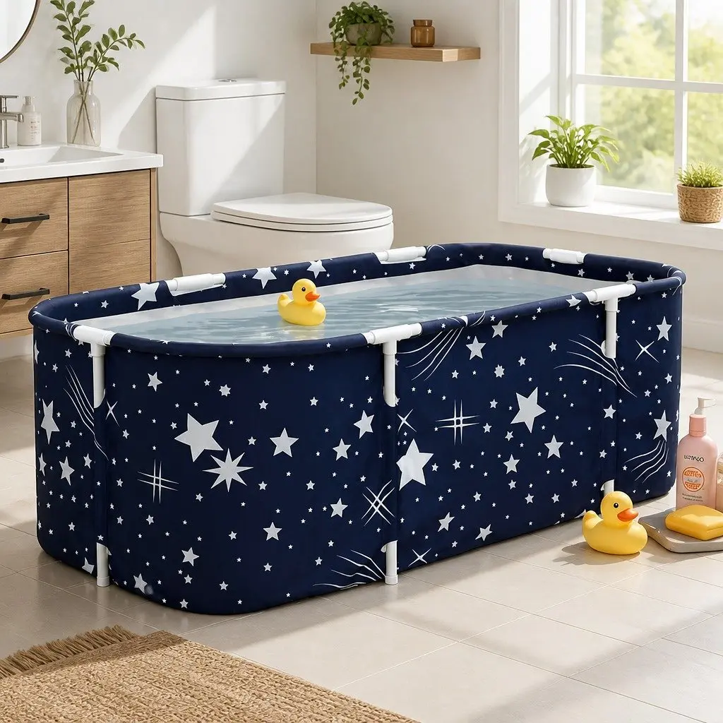 Foldable Bathtub Navy Blue PVC Inflatable Spa Bucket Indoor Outdoor 134x65cm