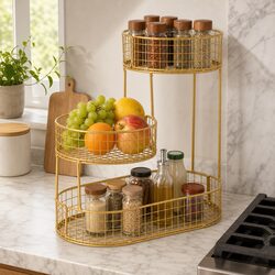3-Tier Fruit Basket Bowl: Gold Metal, 32cm Dimensions