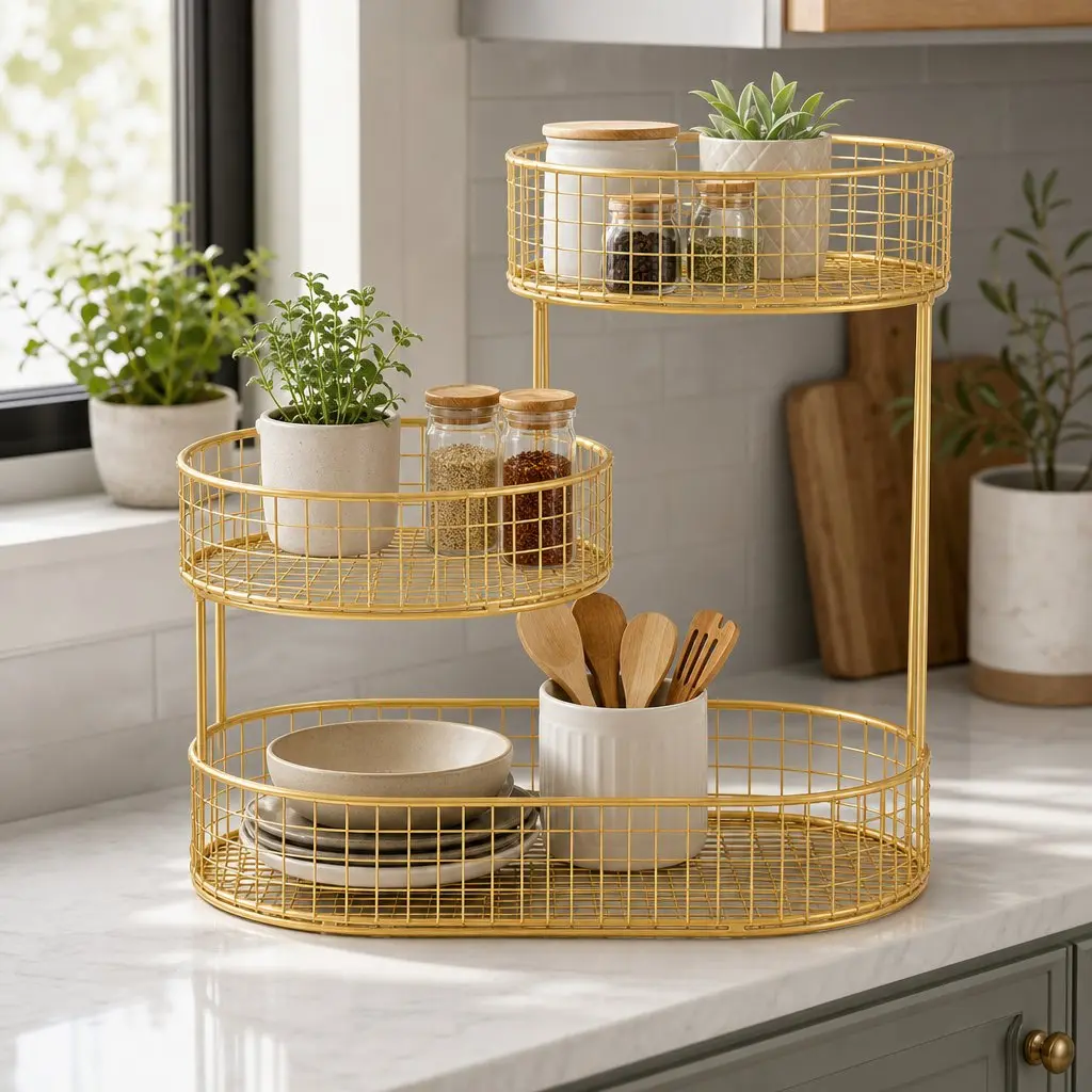 3-Tier Fruit Basket Bowl Gold Metal Food Storage Kitchen Organiser Space-Saving
