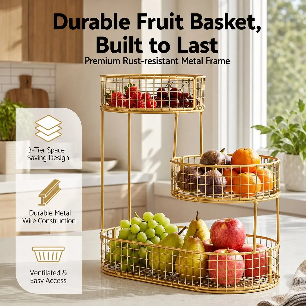 3-Tier Fruit Basket Bowl Gold Metal Food Storage Kitchen Organiser Space-Saving