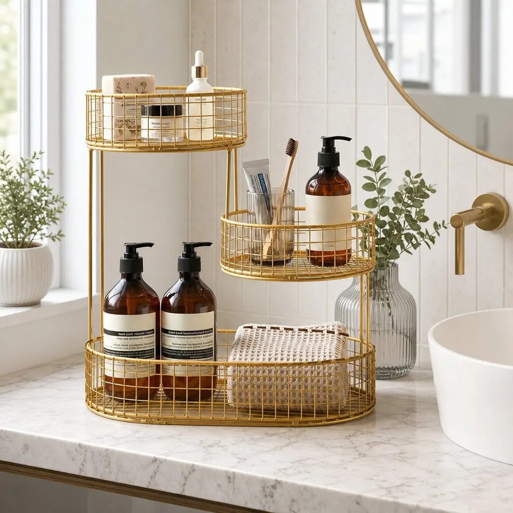 3-Tier Fruit Basket Bowl Gold Metal Food Storage Kitchen Organiser Space-Saving