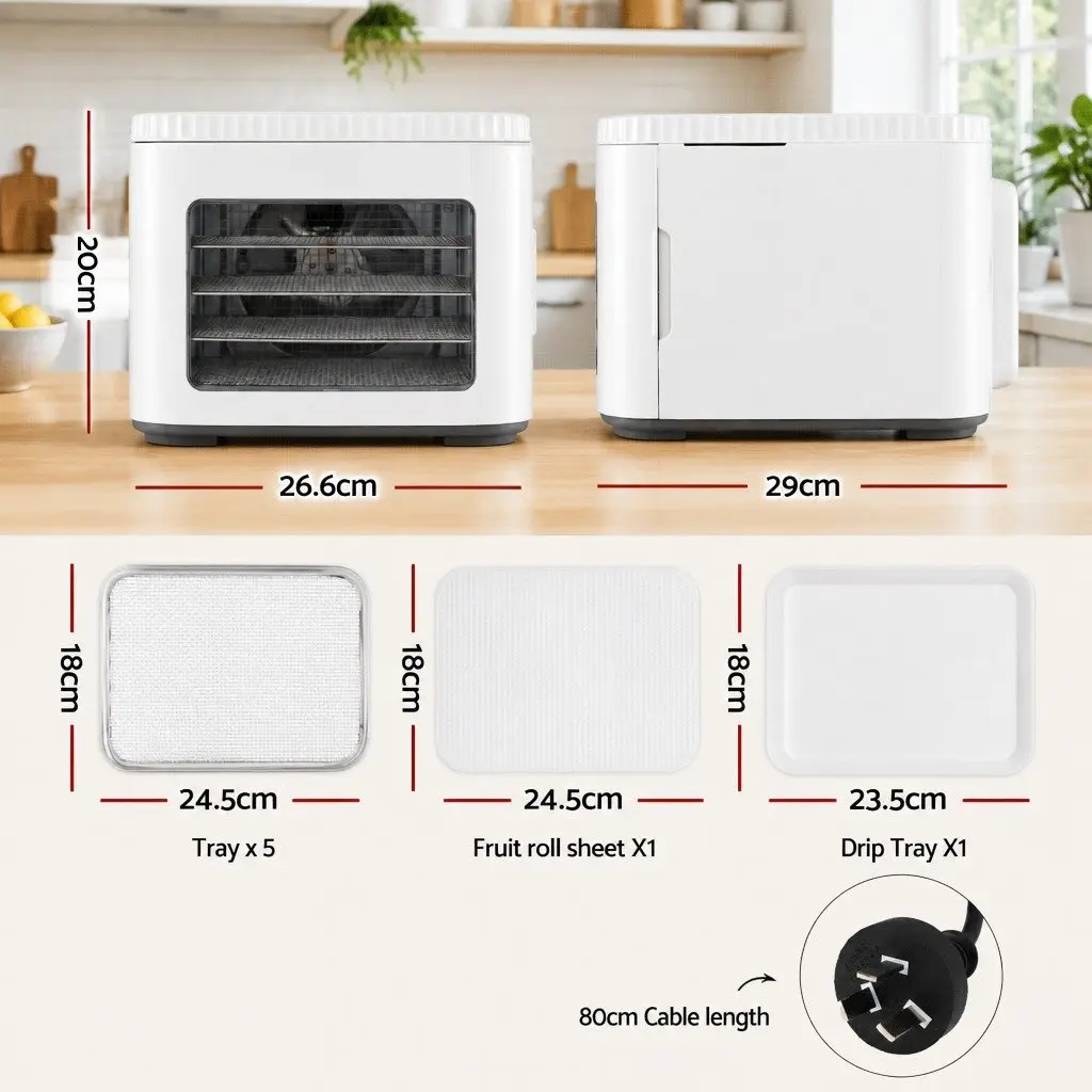 Food Dehydrator Machine Benchtop 5 Tray Compact White