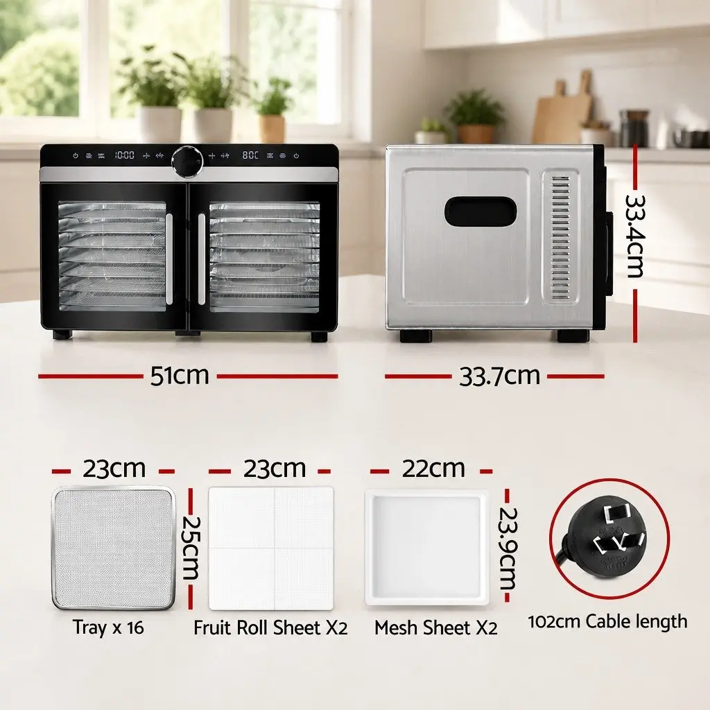 Food Dehydrator Kitchen Large Capacity 16 Trays Stainless Steel Dual-Zone LED Control