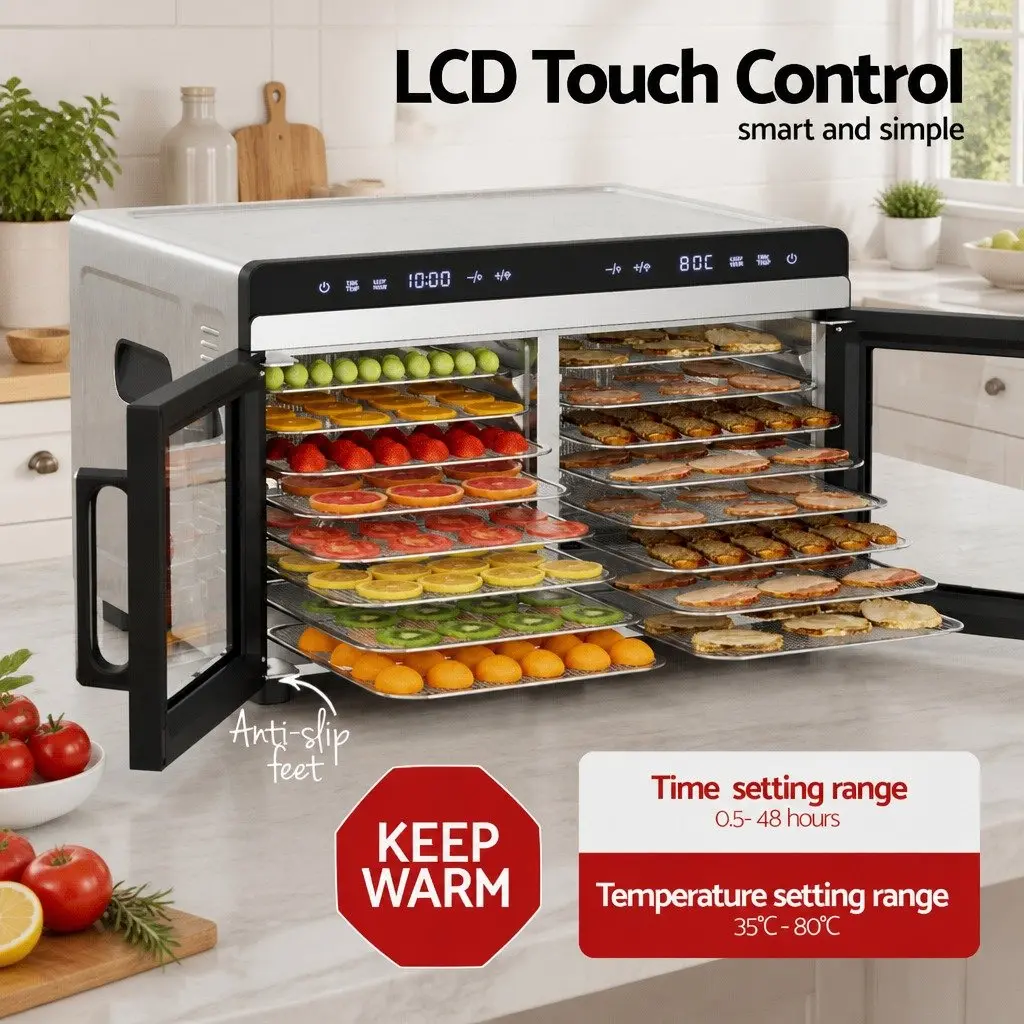 Food Dehydrator Kitchen Large Capacity 16 Trays Stainless Steel Dual-Zone LED Control