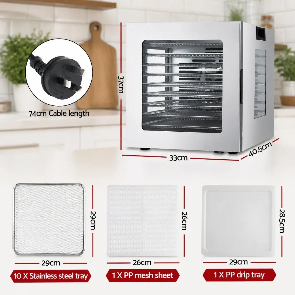 10 Tray Food Dehydrator Kitchen Stainless Steel Size with Glass Door and LED Touch Control