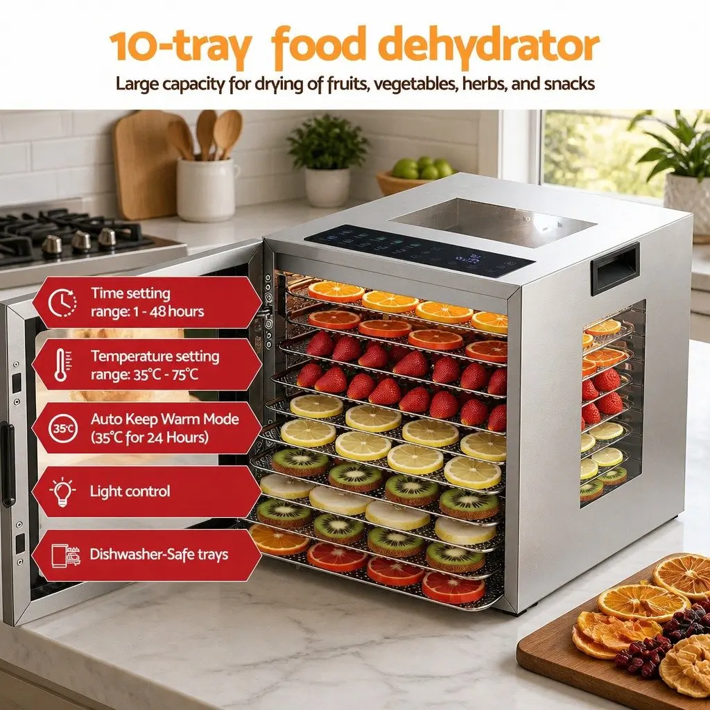 10 Tray Food Dehydrator Kitchen Stainless Steel Size with Glass Door and LED Touch Control