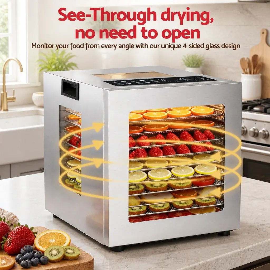 10 Tray Food Dehydrator Kitchen Stainless Steel Size with Glass Door and LED Touch Control
