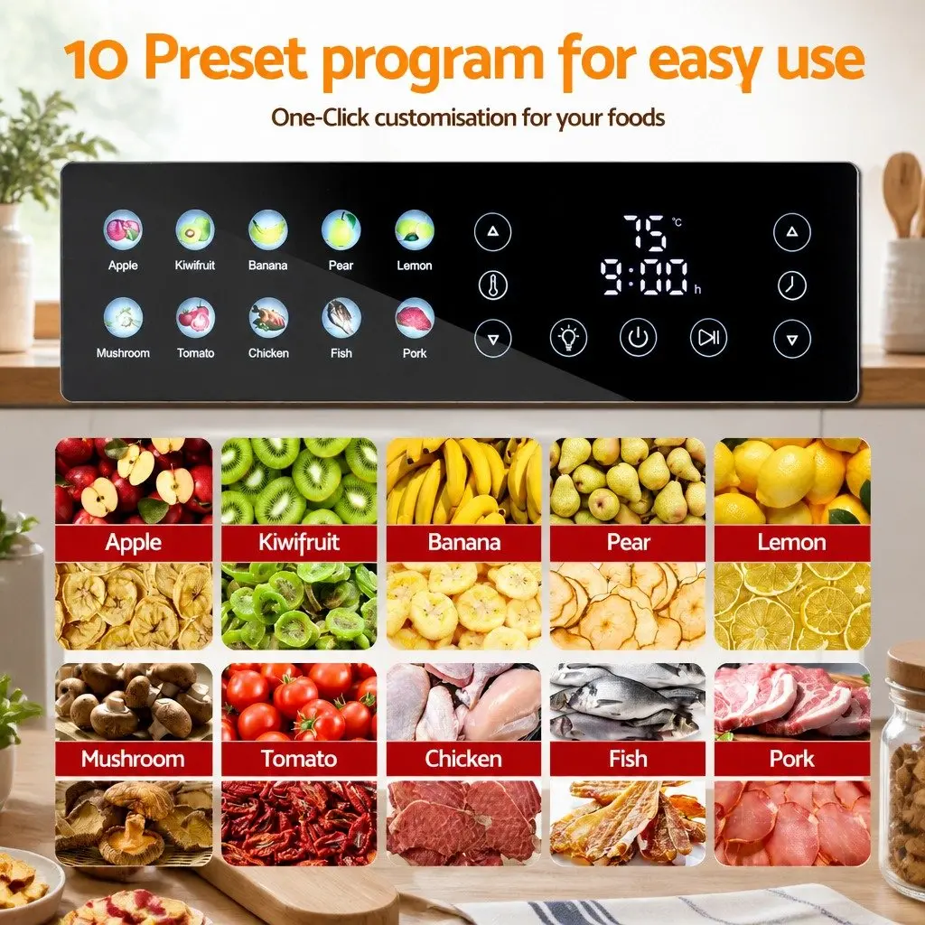 10 Tray Food Dehydrator Kitchen Stainless Steel Size with Glass Door and LED Touch Control