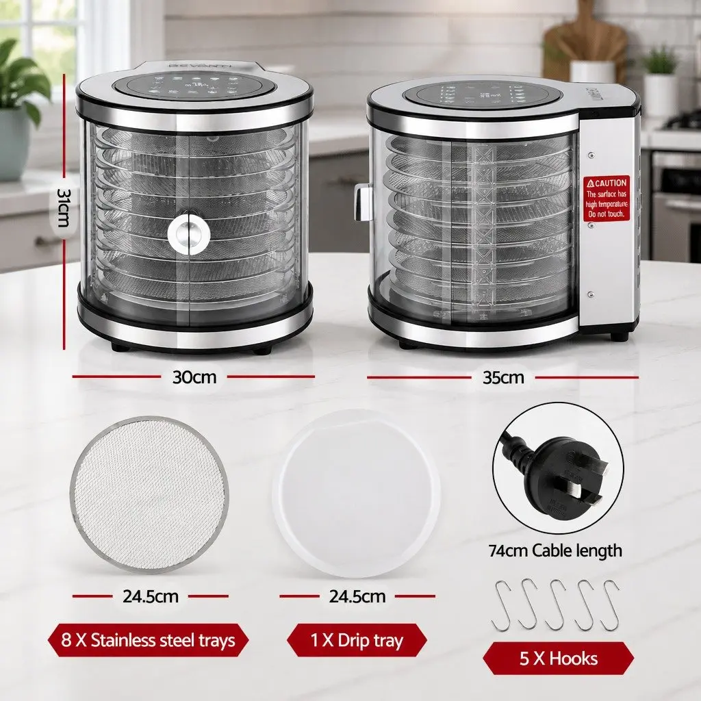 Food Dehydrator Kitchen 8 Trays Stainless Steel Auto-Rotate 360 Degree LED Touch Panel