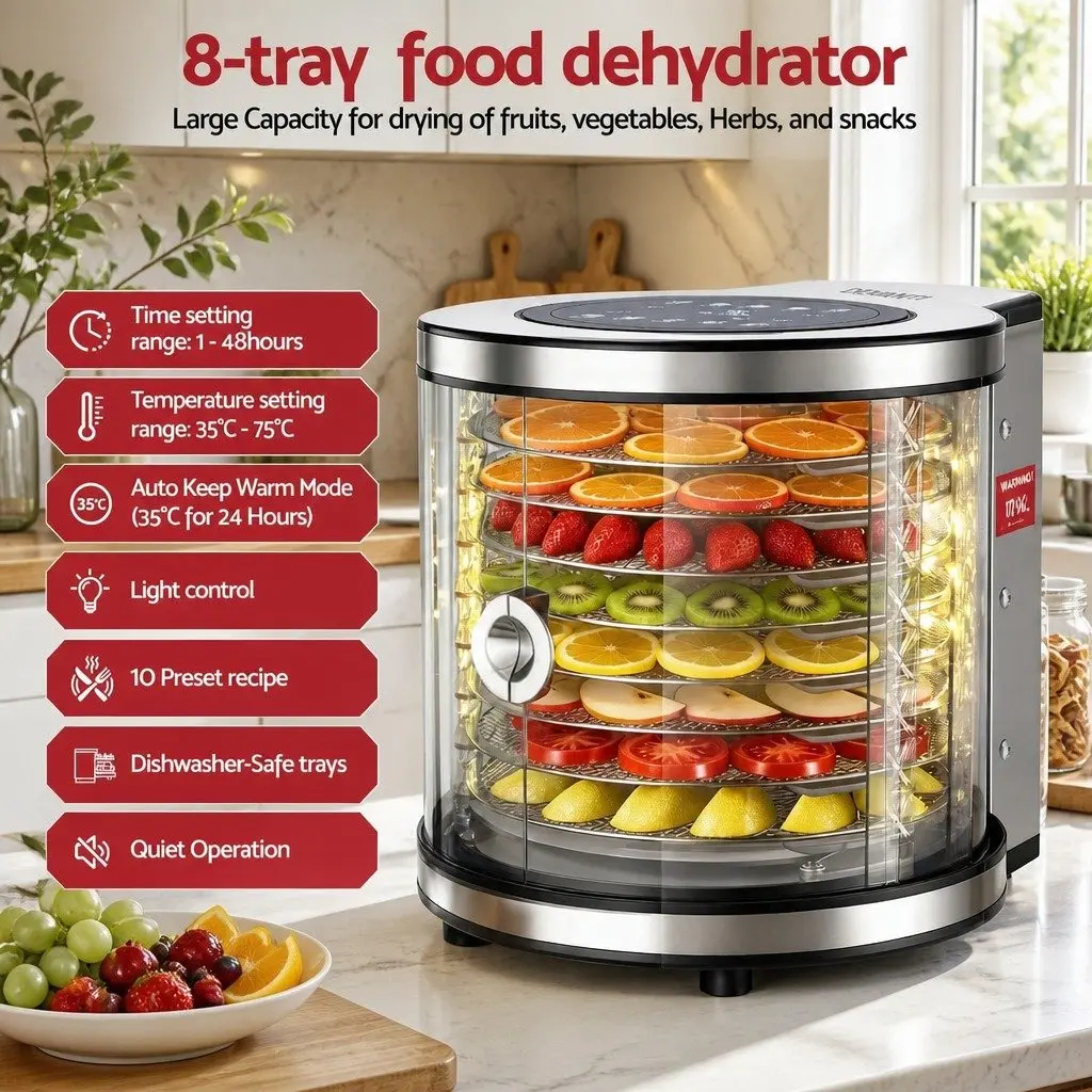 Food Dehydrator Kitchen 8 Trays Stainless Steel Auto-Rotate 360 Degree LED Touch Panel