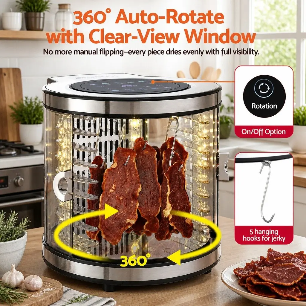 Food Dehydrator Kitchen 8 Trays Stainless Steel Auto-Rotate 360 Degree LED Touch Panel