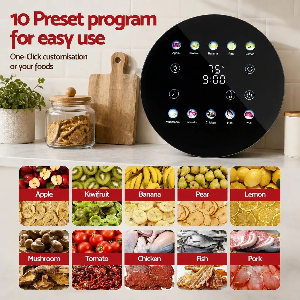 Food Dehydrator Kitchen 8 Trays Stainless Steel Auto-Rotate 360 Degree LED Touch Panel