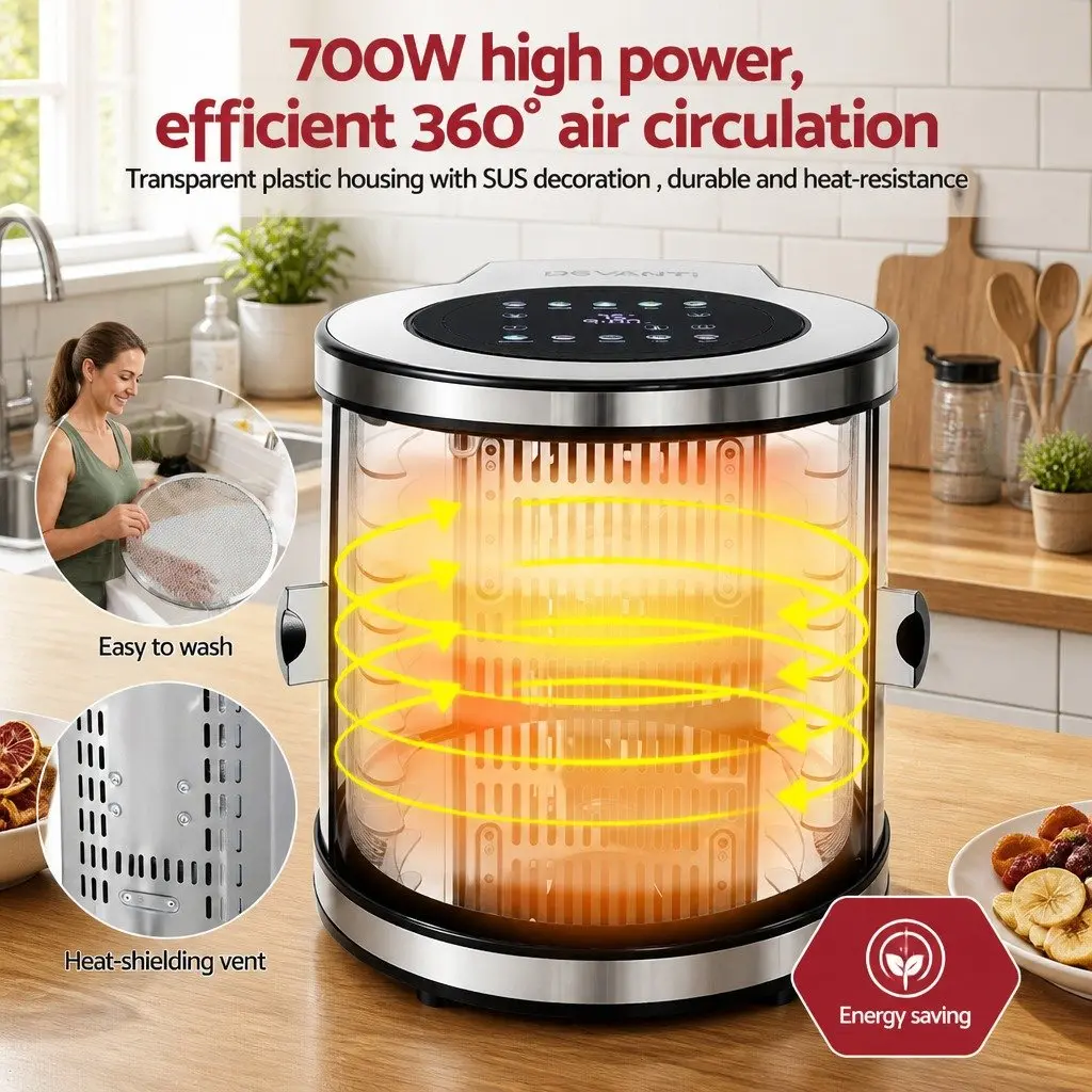 Food Dehydrator Kitchen 8 Trays Stainless Steel Auto-Rotate 360 Degree LED Touch Panel