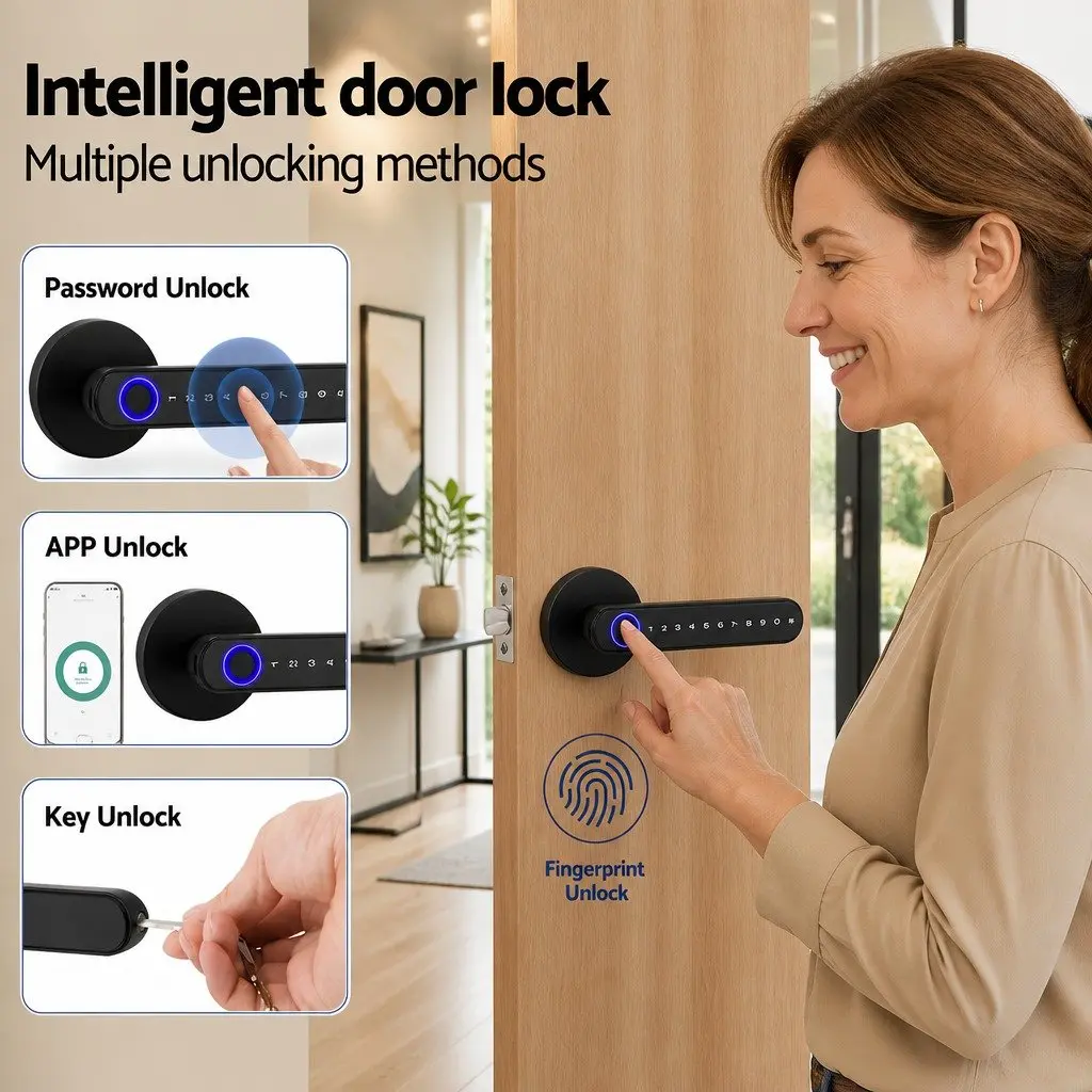 Fingerprint Door Lock Smart Electronic Handle Keyless Access Bluetooth App