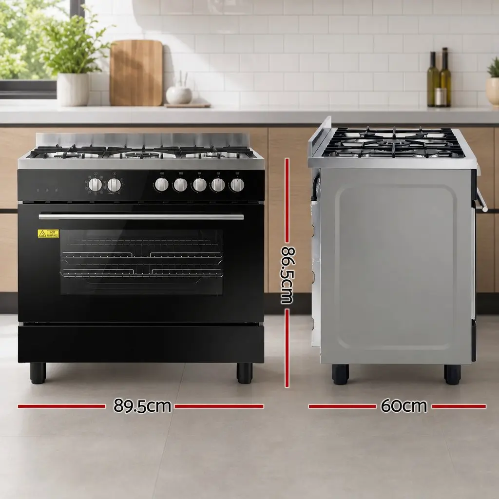90cm Dual Fuel Freestanding Cooker 5 Burner Gas Cooktop Electric Oven Black