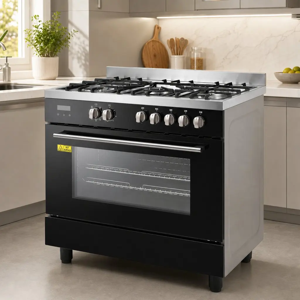 90cm Dual Fuel Freestanding Cooker 5 Burner Gas Cooktop Electric Oven Black